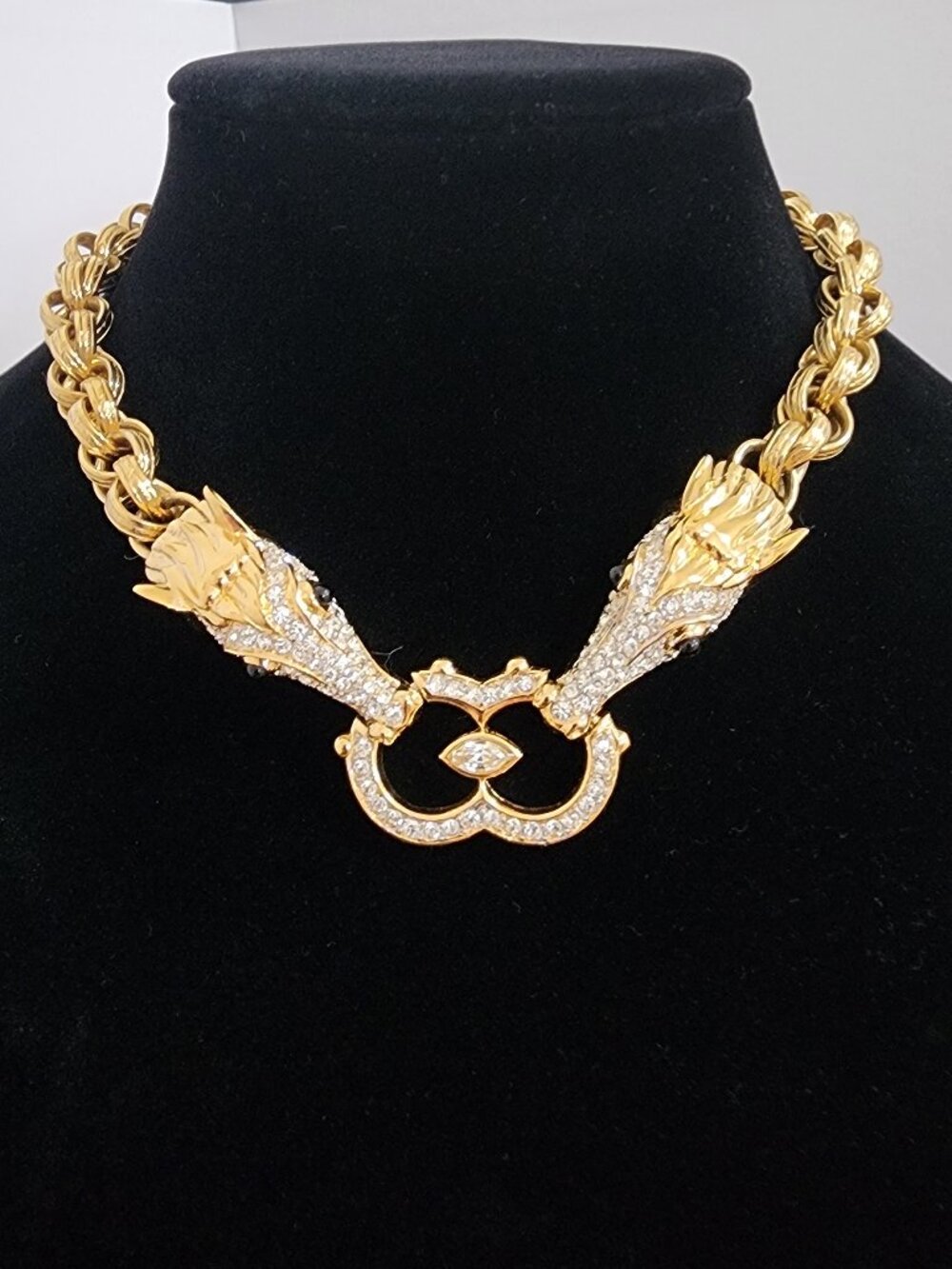 Rare Vintage Nina Ricci Double Headed Pavé Horse Dragon Gold Choker Necklace